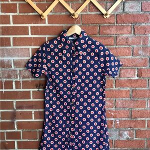 1960's Bobbie Brooks Mod Shirt Dress Dagger Collar Navy Blue Red Polka Dots Butt